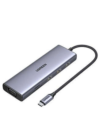 Конвертер UGREEN CM498 (15600) USB-C to 3*USB-A TF SD VGA RJ45 HDMI PD100W USB-Type C серый космос